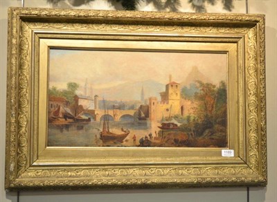 Lot 1189 - Circle of H. Foley (19th century) Figures working beside a river with a Continental town scene...