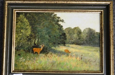 Lot 1194 - Prof Johann Christopher Drahtmann (German 1856-1932) ";Rehwild auf Lichtung";, roe deer in a glade