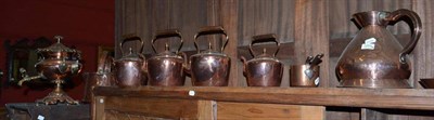 Lot 1264 - A copper samovar, four kettles, a measure, a jug and cover, a saucepan and cover and a frying pan