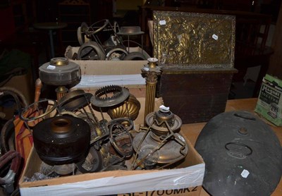 Lot 1280 - Quantity of brass and copper including large oval warming pan, coal box, oil lamp fittings etc