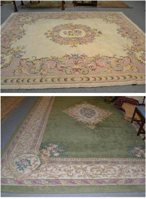 Lot 1284 - Chinese carpet of Savonnerie design, the apple green field centred by a cream medallion framed...