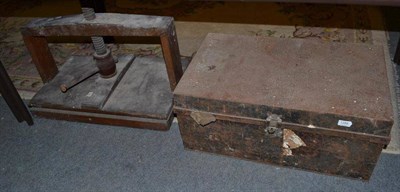 Lot 1285 - Large oak table top linen press, a tin trunk, two rolls of netting (probably for tennis),...