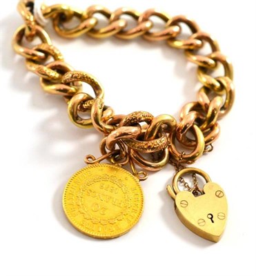 Lot 16 - A half engraved hollow curb link bracelet hung with an 1876 20 Franc coin, length 18.3cm