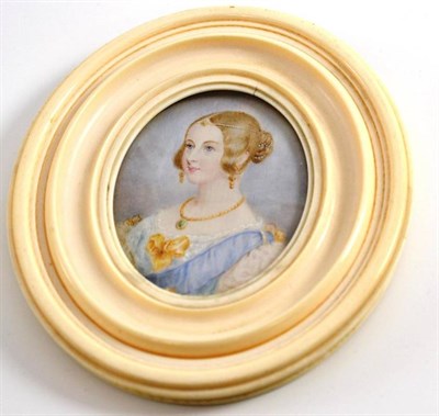 Lot 37 - After Winter Halter, miniature portrait of the young Queen Victoria wearing blue sash, oval,...