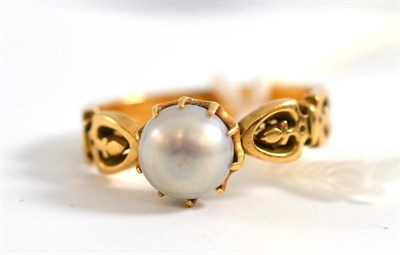 Lot 42 - # A pearl single stone ring, the pearl in yellow claw settings, to fancy pierced shoulders,...