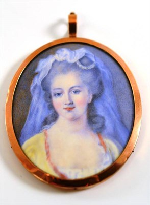 Lot 54 - An 18th century Continental school miniature portrait of a lady wearing a lace headdress and a...