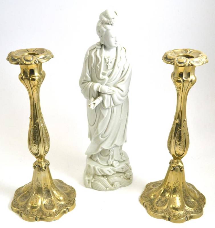 Lot 75 - A blanc de chine figure of Guaynin, height 34cm and a pair of silver plated engraved...