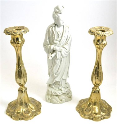 Lot 75 - A blanc de chine figure of Guaynin, height 34cm and a pair of silver plated engraved...