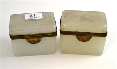 Lot 81 - A pair of 19th century French gilt metal mounted milk glass caskets of rectangular form, 10cm wide
