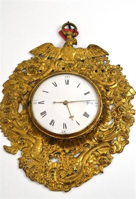Lot 84 - A gilt metal wall timepiece, movement signed Henry Young, Swaffham and numbered 21310, 27cm high