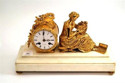 Lot 90 - A gilt metal and white marble striking mantel clock, retailed by Henry Marc, Paris, circa 1900,...