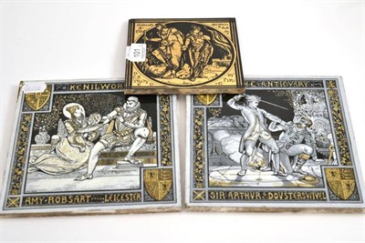 Lot 101 - Two Minton tiles  'The Antiovary' and 'Kenilworth' together with another Minton tile