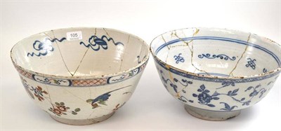 Lot 105 - An early 18th century English Delft punch bowl, painted in colours with chinoiserie foliage and...
