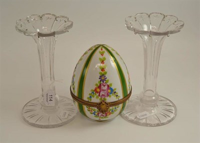 Lot 114 - A Limoges porcelain large egg shaped box with floral decoration, printed marks, 18cm high; and...