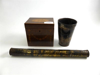 Lot 115 - A George III marquetry tea caddy, 11.5cm high; a toleware taper case, 31cm; and a plate mounted...