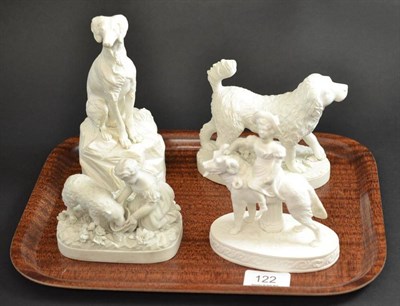 Lot 122 - A Minton bisque porcelain figure of a girl riding a newfoundland dog, incised N3, 13cm high; a...