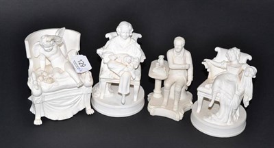 Lot 129 - A pair of Minton bisque porcelain figures of a boy and girl, each sitting in a chair on...