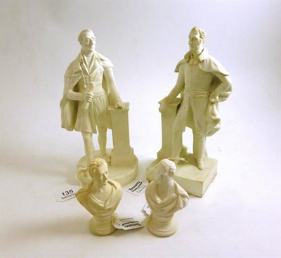 Lot 135 - A Minton bisque porcelain figure of the Duke of Wellington, standing in military dress, a cloak...