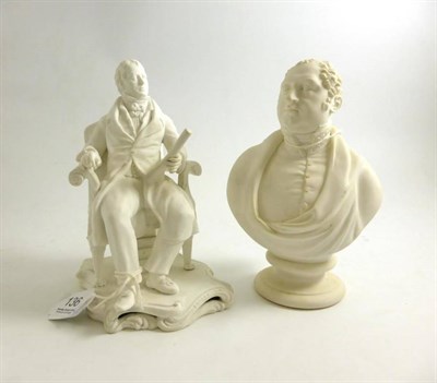 Lot 136 - A Minton bisque porcelain figure of Sir Walter Scott, sitting in an armchair, wearing a frock...