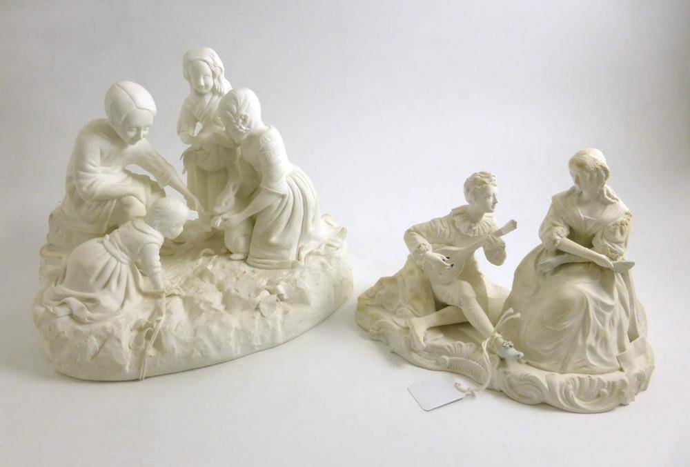 Lot 137 - A Minton bisque porcelain figure group, as a seated youth playing the lute, a girl sitting...