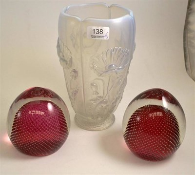 Lot 138 - A Sabino type glass vase decorated with flowers, height 24cm and a pair of red glass...
