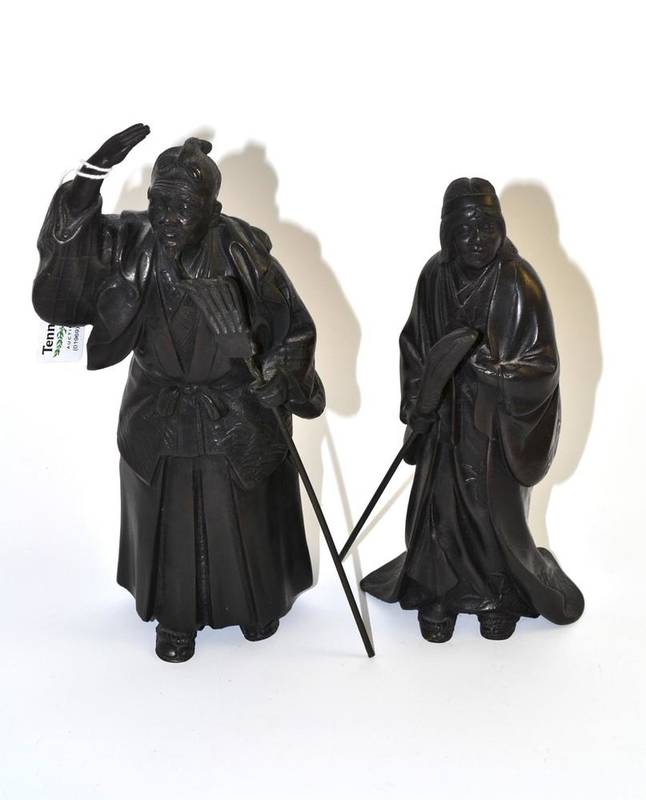 Lot 148 - A pair of 20th century Japanese bronze figures of a country couple, he with a rake, she with a...