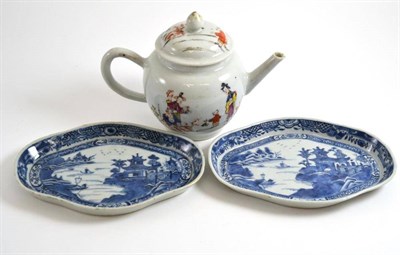 Lot 154 - A Chinese porcelain teapot and cover with figure decoration, Qianlong, 14cm high; and a pair of...