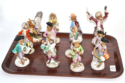 Lot 158 - Three Meissen porcelain monkey band figures of a flautist, a trumpeter and an organist; and...