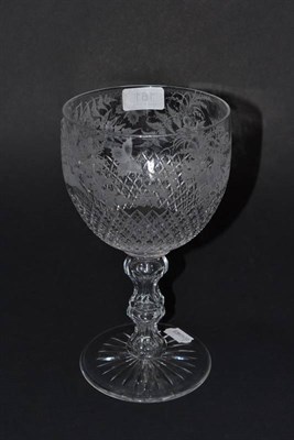 Lot 161 - Engraved glass goblet with floral decoration, titled 'Charles Godfrey 1889', 25cm high
