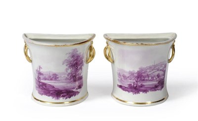 Lot 167 - A pair of Davenport D-shaped bough pots, painted with landscapes, impressed marks, 11.5cm high
