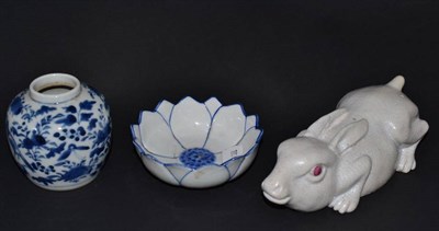 Lot 171 - Chinese porcelain wall pocket as a rabbit 18.5cm long; a blue and white jarlet, Kangxi rein...