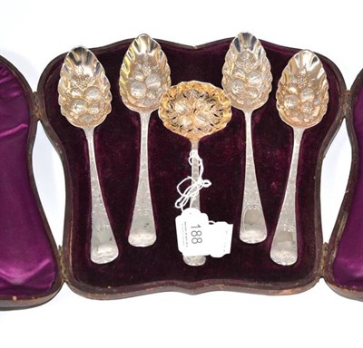 Lot 188 - Five George III silver fruit spoons in a fitted case