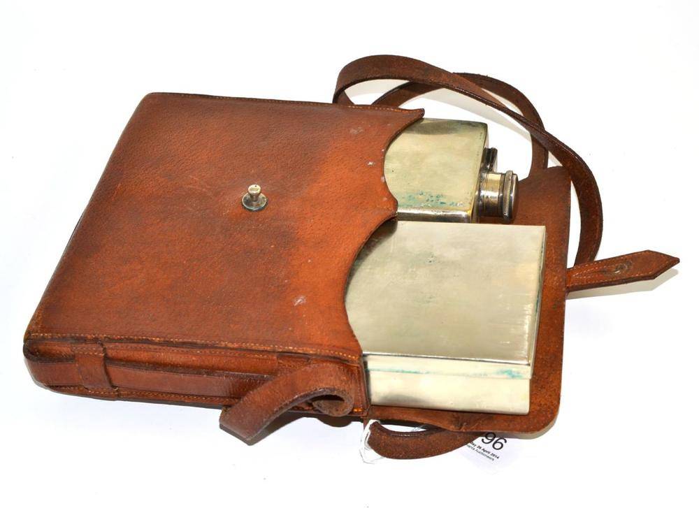 Lot 196 - Huntsmans plated spirit flask and sandwich box by Swaine and Adeney in a pig skin case