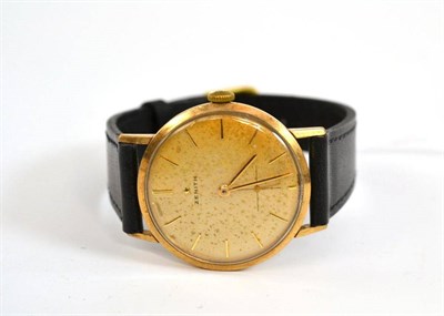 Lot 220 - # A 9ct gold wristwatch, signed Zenith, 1959, lever movement numbered 4644491, case stamped...