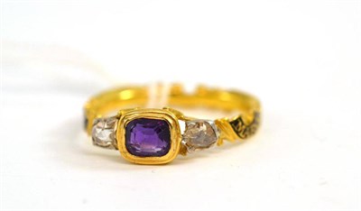 Lot 235 - A mourning ring, set with a step cut amethyst between two rose cut diamonds, in yellow and...