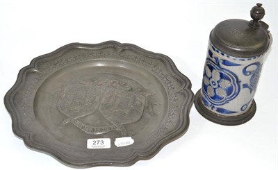 Lot 273 - A German stoneware tankard with pewter mounts inscribed to the cover and dated 1757; and a...