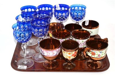 Lot 285 - Eight pieces of copper lustre and eight blue tinted hock glasses