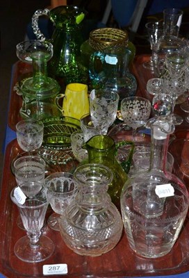 Lot 287 - Three trays of 19th century and later drinking glasses, green tinted glass, rinsing bowl, decanters