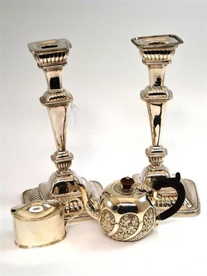 Lot 291 - A pair of silver plated candlesticks, silver bachelor's tea pot and a silver mustard pot