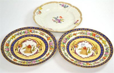 Lot 297 - A Meissen porcelain plate, moulded and painted with flower sprays, 24.5cm diameter; and a pair...