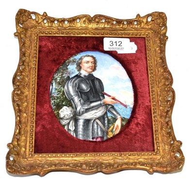 Lot 312 - Oval enamel plaque depicting Oliver Cromwell, within a carved gilt frame, the panel 15cm high...