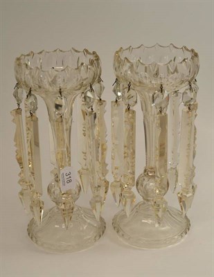 Lot 318 - Pair of cut glass lustres, 30cm high