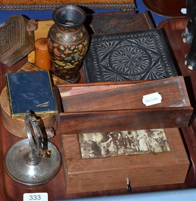 Lot 333 - Various treen boxes, wax jack, cigarette case etc