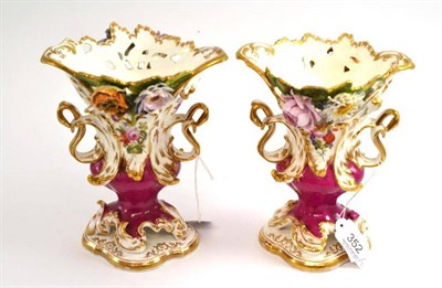 Lot 352 - A pair of mid 19th century Coalport flower encrusted vases, 18cm high