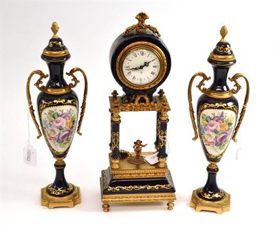 Lot 353 - A gilt metal Sevres-style mantel timepiece with garniture, late 20th century, mechanical...