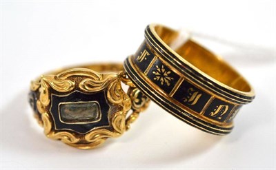 Lot 368 - Two 18ct gold mourning rings, a broad band enamelled in black 'IN MEMORY OF' and engraved to...