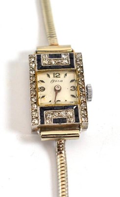 Lot 382 - A lady's diamond and sapphire set cocktail watch, signed Onsa, circa 1940, lever movement, silvered