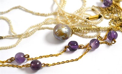 Lot 397 - Four necklaces, including two seed pearl necklaces, an amethyst bead necklace, and a baroque...