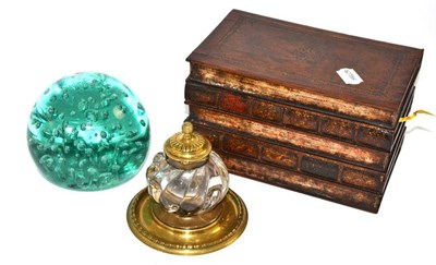 Lot 413 - Simulated book box with key, brass and glass inkwell and a green glass dump