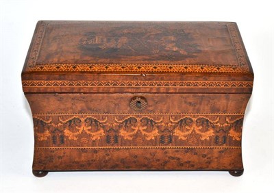 Lot 420 - An early Victorian Tunbridgeware tea caddy, of waisted rectangular form, the slightly domed...